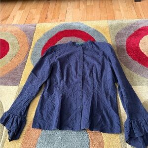 Lauren Ralph Lauren Navy Blue Eyelet Cotton Button Front Blouse Size 6 Petite